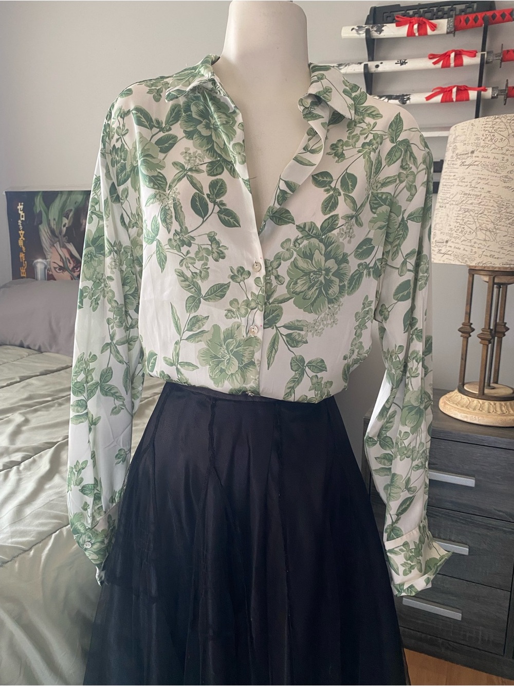 Green Floral Button-Up Blouse - Women's Top